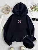 Moletom Feminino com Capuz e Bolso Canguru, Estampa de Laço, Moda Tendência Harajuku Kawaii, Roupa Feminina Y2K ﻿