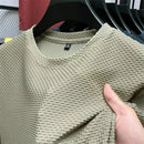Verão masculino em torno do pescoço manga curta camiseta M-5XL oversize rugas resistente respirável textura superior tecido versátil t