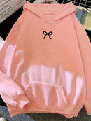 Moletom Feminino com Capuz e Bolso Canguru, Estampa de Laço, Moda Tendência Harajuku Kawaii, Roupa Feminina Y2K ﻿