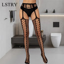 Mulheres sexy meias pretas com cinto conjunto de alta fishnet collants lingerie sexy calcinha floral impressão longa malha rendas meia
