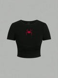 Simples vermelho aranha impressão colheita topos verão rua moda feminina magro-ajuste camiseta confortável macio alta elástica roupas femininas