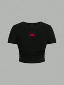 Simples vermelho aranha impressão colheita topos verão rua moda feminina magro-ajuste camiseta confortável macio alta elástica roupas femininas