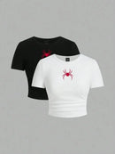 Simples vermelho aranha impressão colheita topos verão rua moda feminina magro-ajuste camiseta confortável macio alta elástica roupas femininas