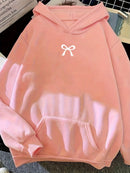Moletom Feminino com Capuz e Bolso Canguru, Estampa de Laço, Moda Tendência Harajuku Kawaii, Roupa Feminina Y2K ﻿