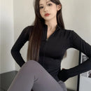 2025 novo fino ajuste manga longa t camisa feminina selvagem zíper até cintura emagrecimento yoga tshirt mulher apertado gola colheita topos feminino