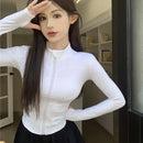 2025 novo fino ajuste manga longa t camisa feminina selvagem zíper até cintura emagrecimento yoga tshirt mulher apertado gola colheita topos feminino