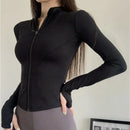 2025 novo fino ajuste manga longa t camisa feminina selvagem zíper até cintura emagrecimento yoga tshirt mulher apertado gola colheita topos feminino