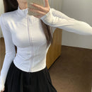 2025 novo fino ajuste manga longa t camisa feminina selvagem zíper até cintura emagrecimento yoga tshirt mulher apertado gola colheita topos feminino
