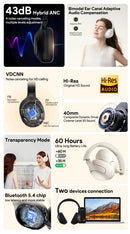 QCY-H3 ANC Auscultadores sem fios, Bluetooth 5.4, Hi-Res Audio, Over Ear Headset, híbrido Active Cancelamento de Ruído, Auscultadores, 60H, 43dB