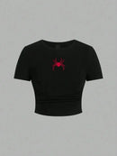 Simples vermelho aranha impressão colheita topos verão rua moda feminina magro-ajuste camiseta confortável macio alta elástica roupas femininas
