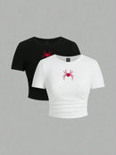 Simples vermelho aranha impressão colheita topos verão rua moda feminina magro-ajuste camiseta confortável macio alta elástica roupas femininas