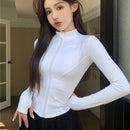 2025 novo fino ajuste manga longa t camisa feminina selvagem zíper até cintura emagrecimento yoga tshirt mulher apertado gola colheita topos feminino