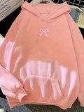 Moletom Feminino com Capuz e Bolso Canguru, Estampa de Laço, Moda Tendência Harajuku Kawaii, Roupa Feminina Y2K ﻿
