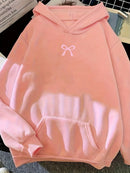 Moletom Feminino com Capuz e Bolso Canguru, Estampa de Laço, Moda Tendência Harajuku Kawaii, Roupa Feminina Y2K ﻿