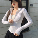 2025 novo fino ajuste manga longa t camisa feminina selvagem zíper até cintura emagrecimento yoga tshirt mulher apertado gola colheita topos feminino