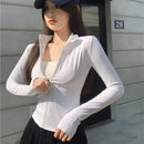 2025 novo fino ajuste manga longa t camisa feminina selvagem zíper até cintura emagrecimento yoga tshirt mulher apertado gola colheita topos feminino