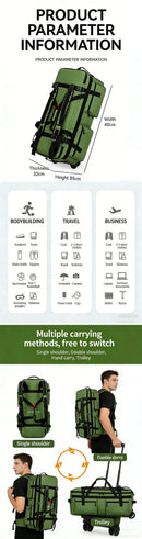 Mochila de Viagem Grande Capacidade 90/110L Dobrável com Rodas e Cinto, Bolsa de Transporte Multifuncional, Mala Resistente ao Desgaste