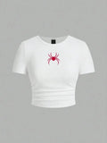 Simples vermelho aranha impressão colheita topos verão rua moda feminina magro-ajuste camiseta confortável macio alta elástica roupas femininas