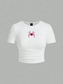 Simples vermelho aranha impressão colheita topos verão rua moda feminina magro-ajuste camiseta confortável macio alta elástica roupas femininas